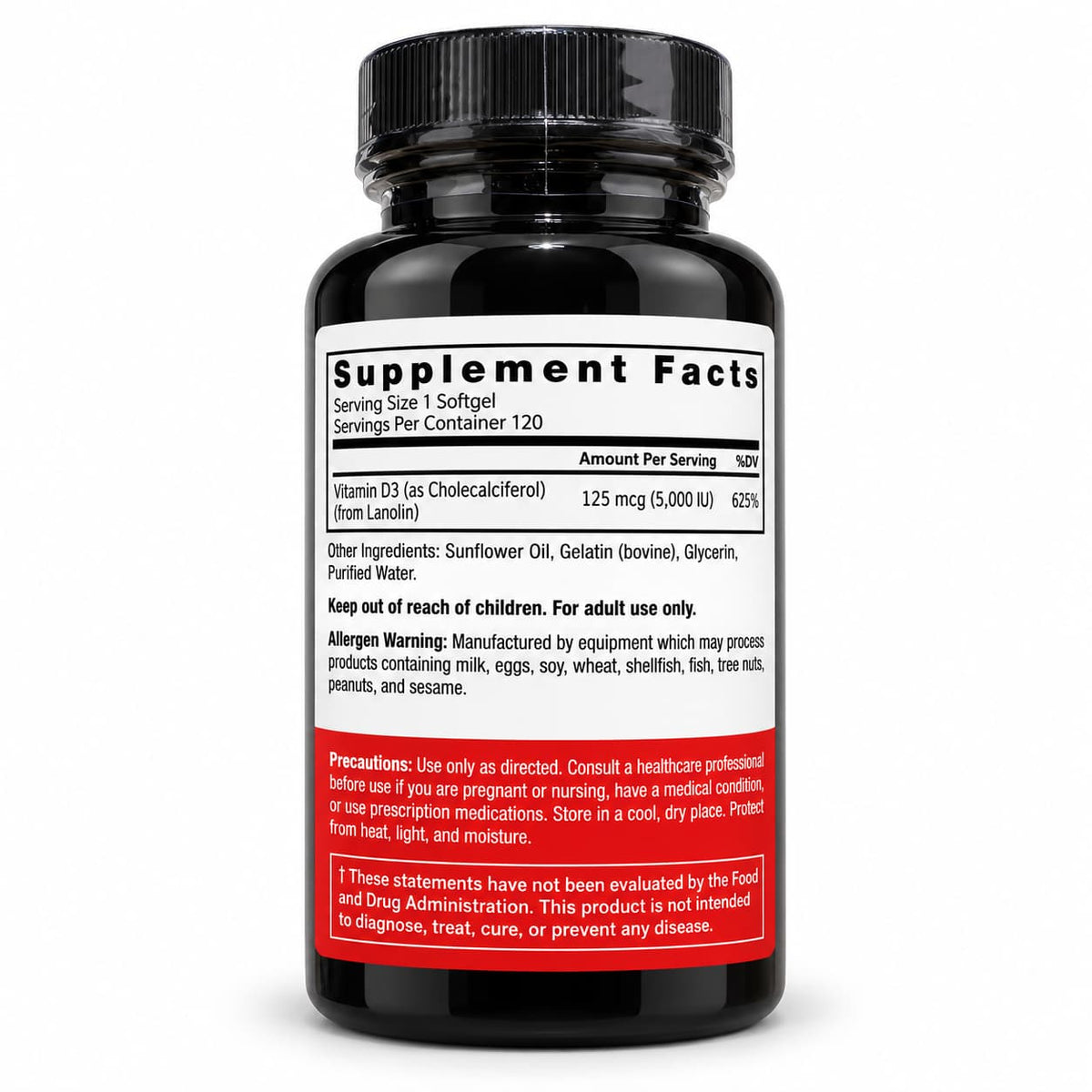Vitamina D3 5000 UI Force Factor – 120 Cápsulas Blandas | Alta Potencia CR Suplementos Costa Rica, label