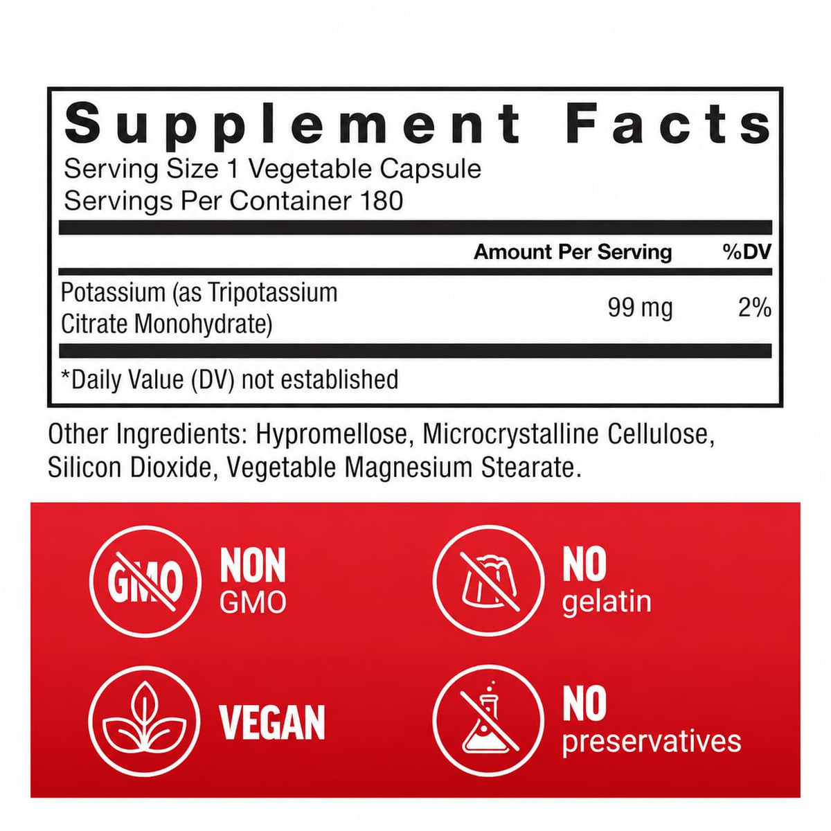 Citrato de Potasio Force Factor 99 mg, suplemento de potasio para el equilibrio de electrolitos, presentación de 180 cápsulas vegetales veganas. CR Suplementos Costa Rica. Label