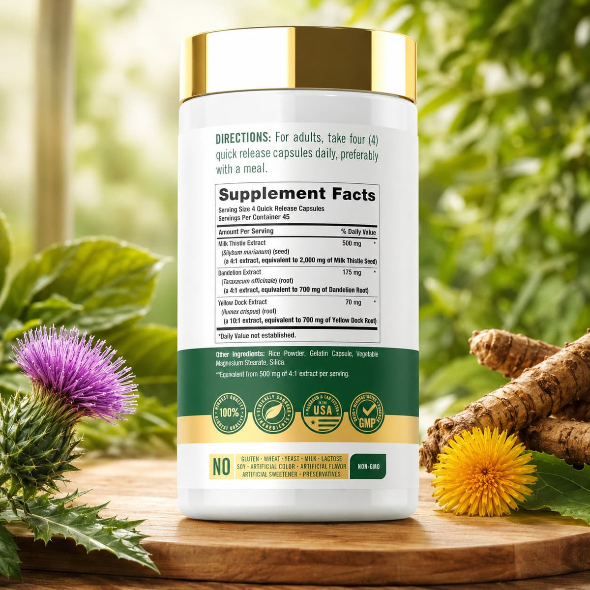 Milk Thistle 2000 mg Carlyle – Cardo Mariano con Diente de León y Yellow Dock, 180 cápsulas. CR Suplementos Costa Rica. ingredientes