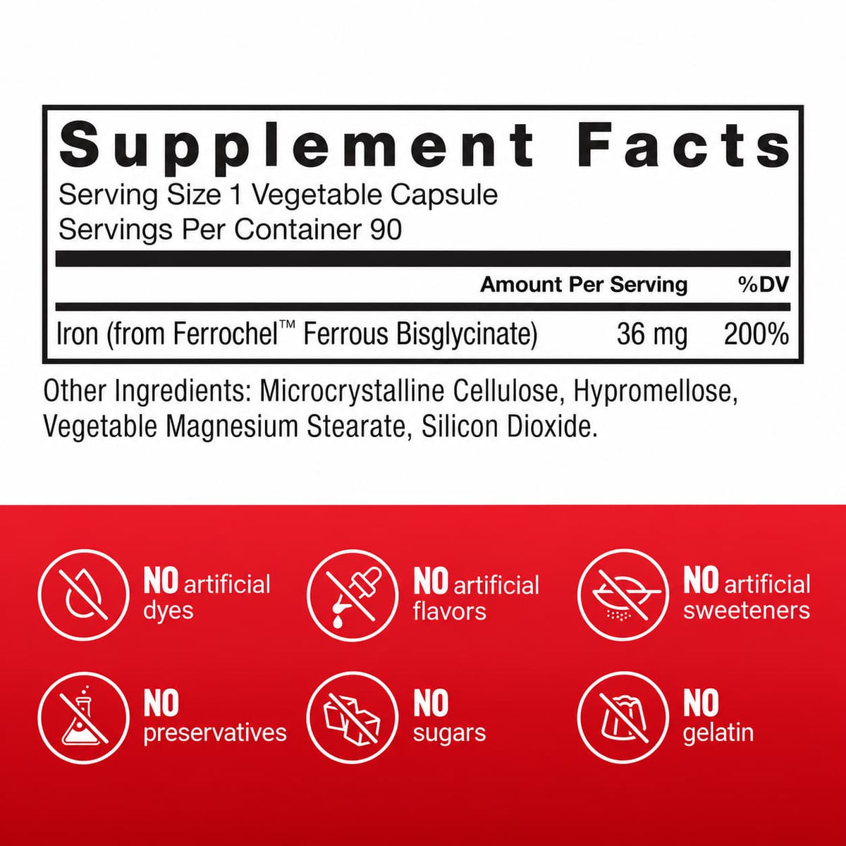 Force Factor Iron Ferrochel 36 mg, hierro bisglicinato quelado de alta absorción, presentación de 90 cápsulas vegetales. Costa Rica. label