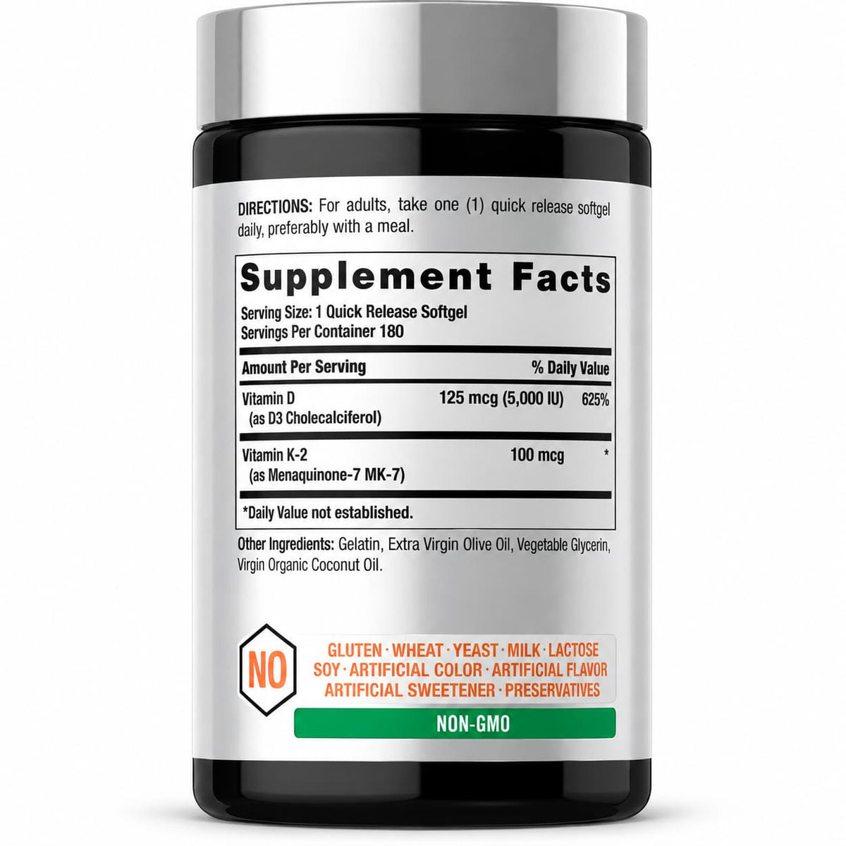 Frasco de Horbäach K2 MK-7 + D3 5000 IU 180 softgels, suplemento de alta potencia. CR Suplementos Costa Rica. tabla nutricional