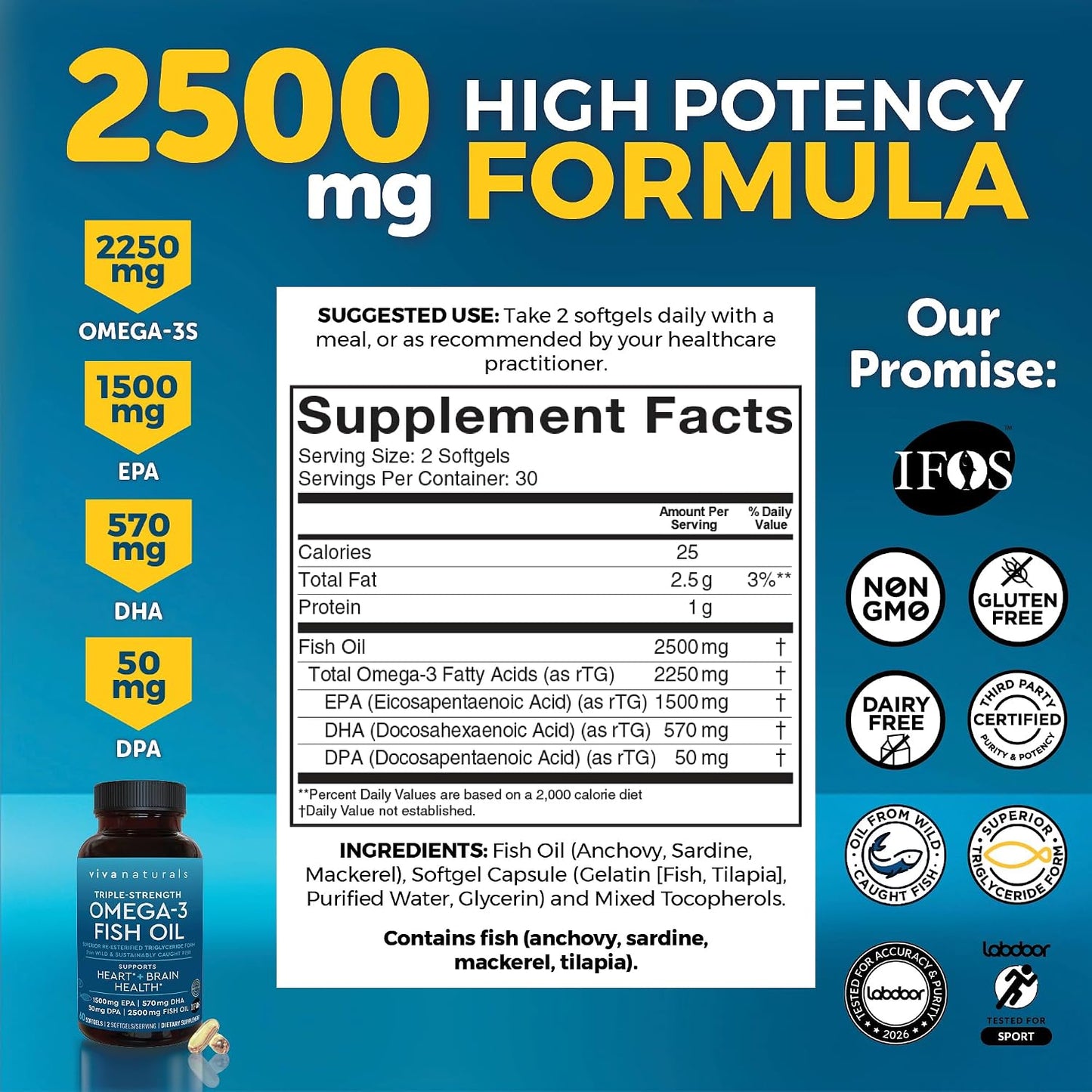 Viva Naturals Triple-Strength Omega-3 Fish Oil 60 Softgels. Facts