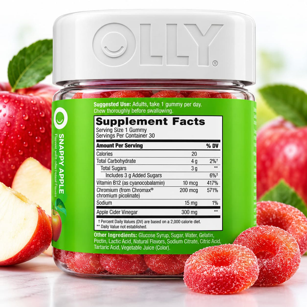 OLLY Metabolism Gummy Rings con vinagre de manzana, vitamina B12 y cromo, presentación de 30 gomitas sabor manzana. CR Suplementos Costa Rica. label