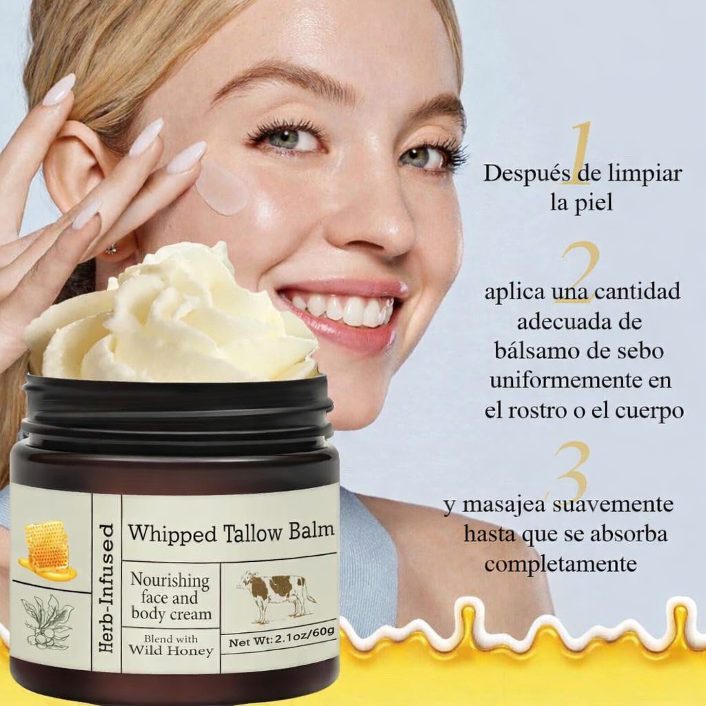 Whipped tallow balm con miel silvestre, bálsamo de sebo natural para hidratar piel seca y sensible en rostro y cuerpo.