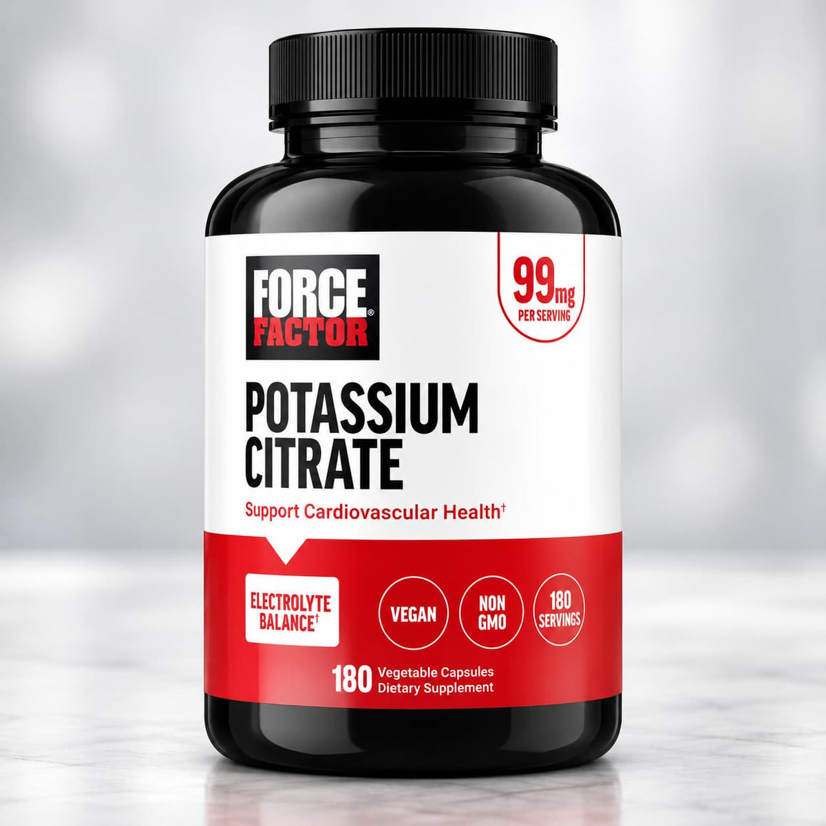 Citrato de Potasio Force Factor 99 mg, suplemento de potasio para el equilibrio de electrolitos, presentación de 180 cápsulas vegetales veganas. CR Suplementos Costa Rica.