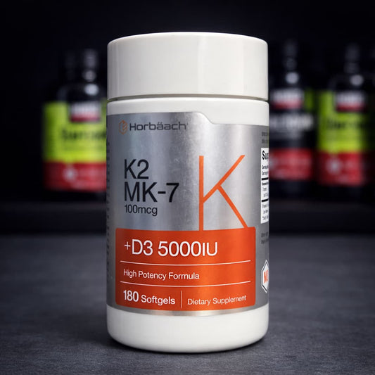 Frasco de Horbäach K2 MK-7 + D3 5000 IU 180 softgels, suplemento de alta potencia
