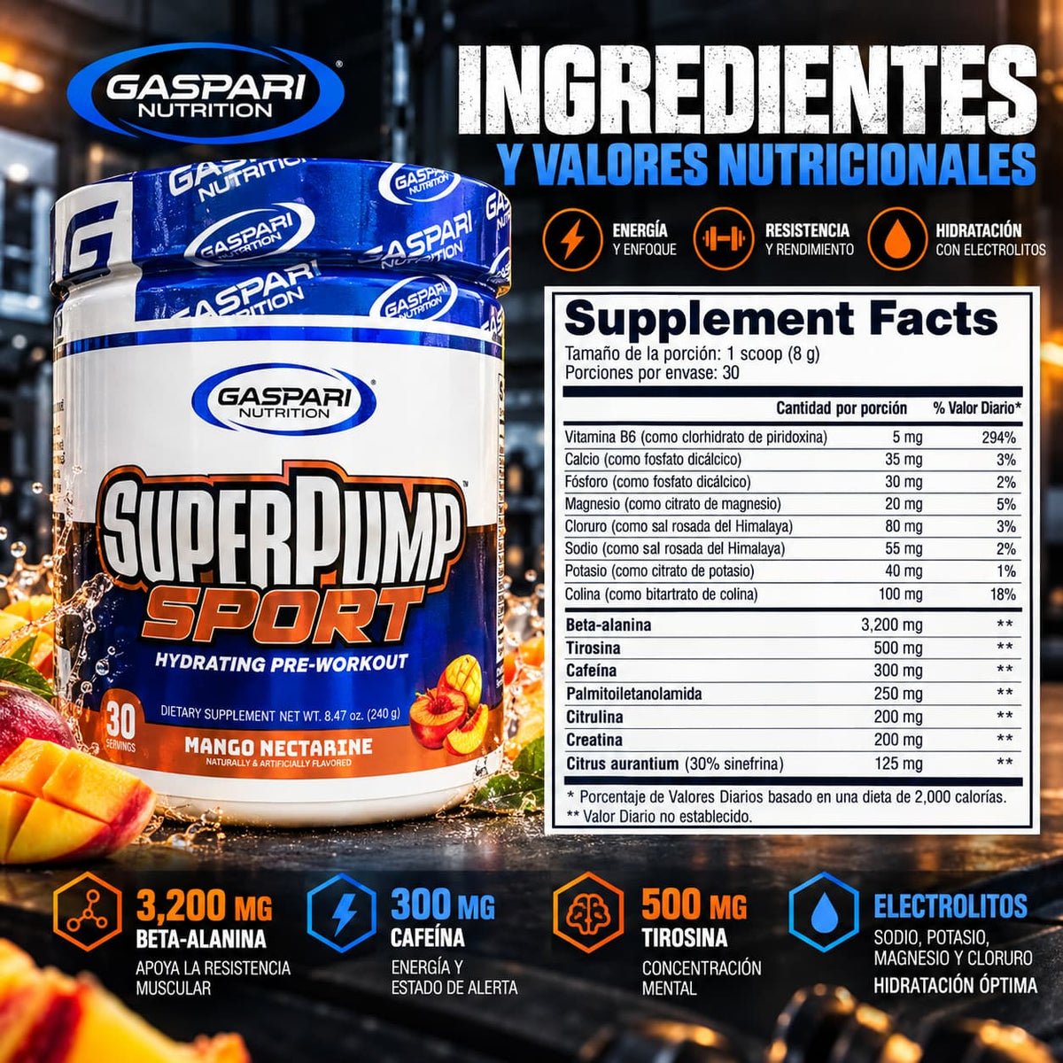 SuperPump Sport Gaspari Nutrition – Preentreno Energía y Resistencia | 30 Servicios. CR Suplementos Costa Rica, tabla