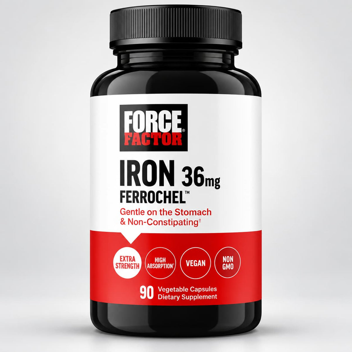 Force Factor Iron Ferrochel 36 mg, hierro bisglicinato quelado de alta absorción, presentación de 90 cápsulas vegetales. Costa Rica.