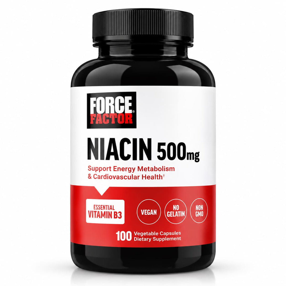 Frasco Force Factor Niacin Vitamina B3 500 mg de alta potencia, presentación de 100 cápsulas vegetales veganas. CR Suplementos Costa Rica.