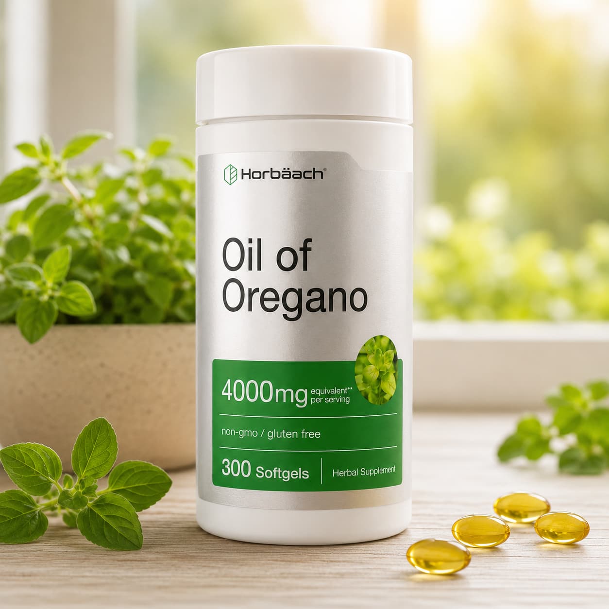 Aceite de Orégano Horbäach | 4000 mg por porción | 300 cápsulas blandas | Fórmula premium sin OGM y libre de gluten
