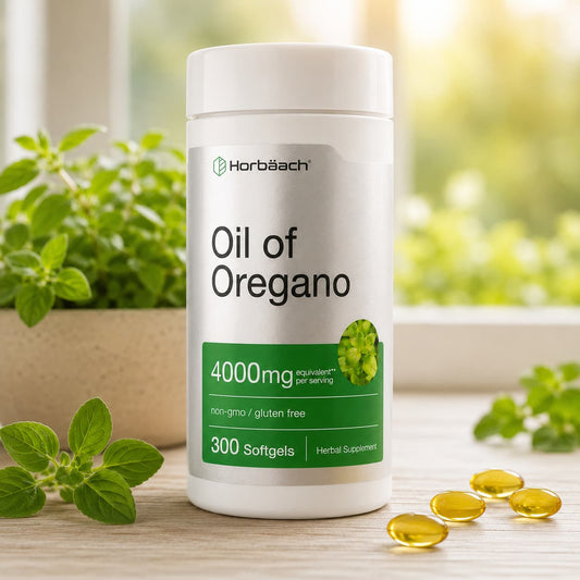 Aceite de Orégano Horbäach | 4000 mg por porción | 300 cápsulas blandas | Fórmula premium sin OGM y libre de gluten
