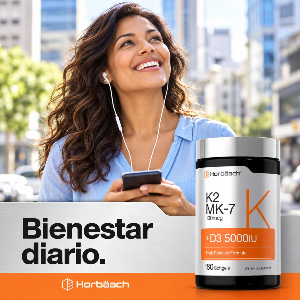 Frasco de Horbäach K2 MK-7 + D3 5000 IU 180 softgels, suplemento de alta potencia. CR Suplementos Costa Rica. modelo