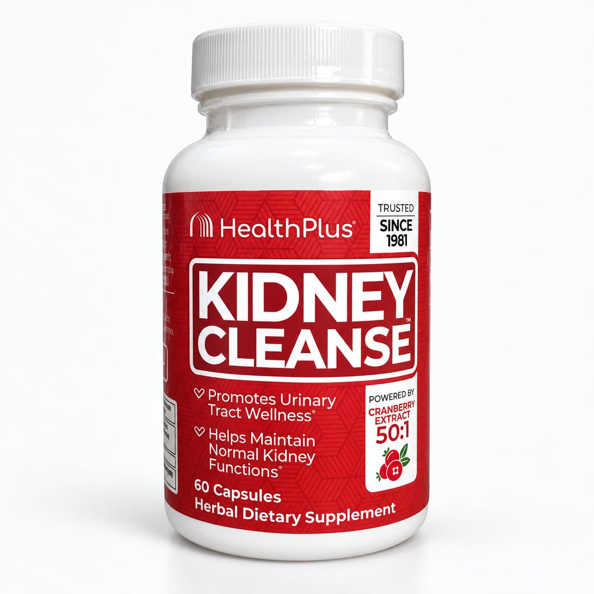 Frasco de Health Plus Kidney Cleanse de 60 cápsulas con extracto de cranberry 50:1
