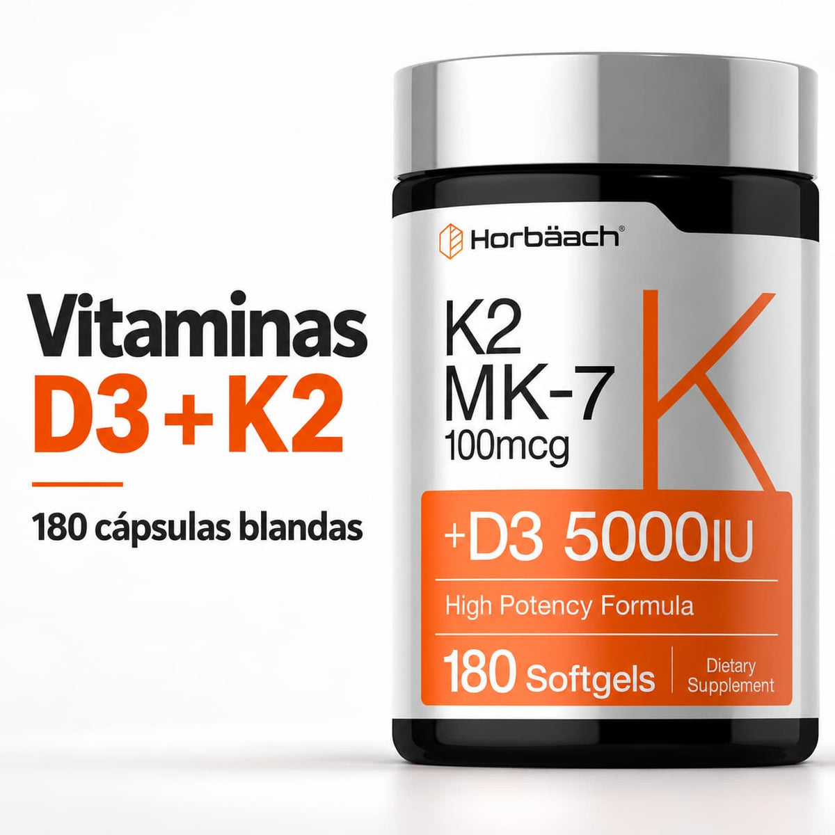 Frasco de Horbäach K2 MK-7 + D3 5000 IU 180 softgels, suplemento de alta potencia. CR Suplementos Costa Rica.