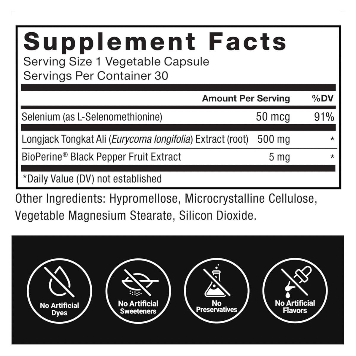 Force Factor Longjack Tongkat Ali 500 mg con selenio y BioPerine, presentación de 30 cápsulas. CR Suplementos Costa Rica. label