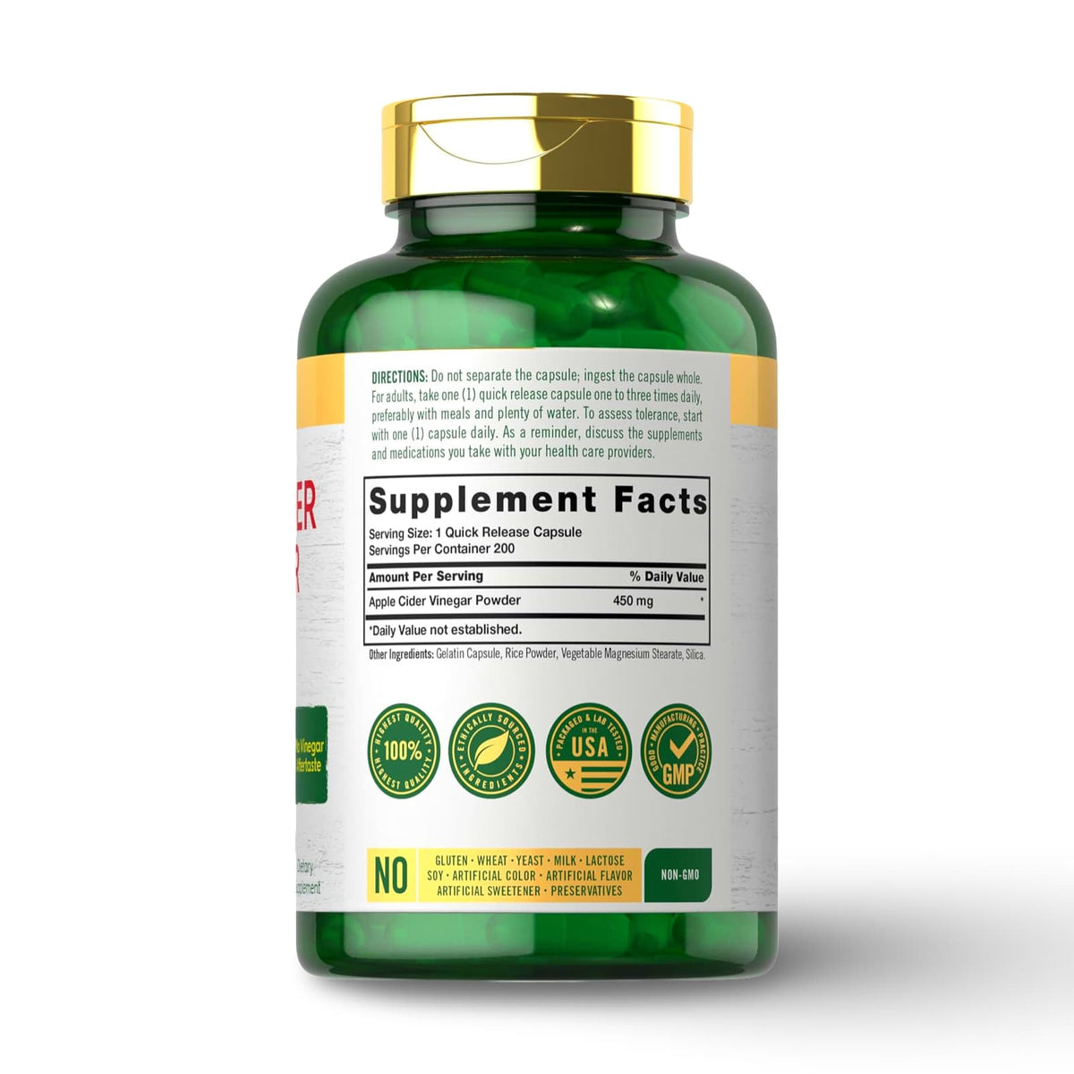 Carlyle Apple Cider Vinegar 450 mg, vinagre de manzana en polvo, presentación de 200 cápsulas de liberación rápida, sin gluten y Non-GMO. CR Suplementos Costa Rica. label