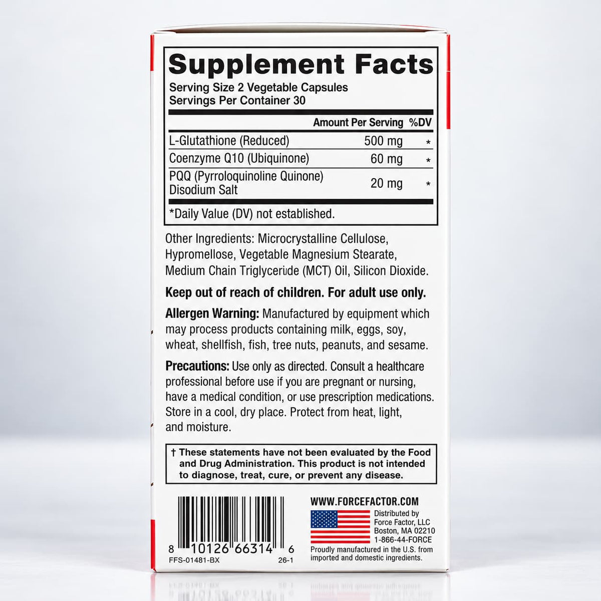 Force Factor Glutathione Longevity – Glutatión + CoQ10 + PQQ CR Suplementos Costa Rica. Tabla nutricional