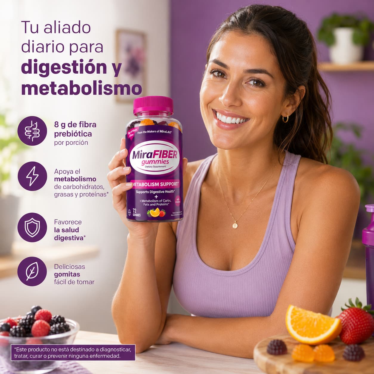 MiraFIBER Gummies Fibra Prebiótica + Metabolismo – 72 Gomitas. CR Suplementos Costa Rica