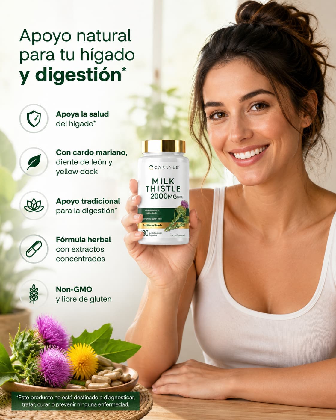Milk Thistle 2000 mg Carlyle – Cardo Mariano con Diente de León y Yellow Dock, 180 cápsulas. CR Suplementos Costa Rica modelo