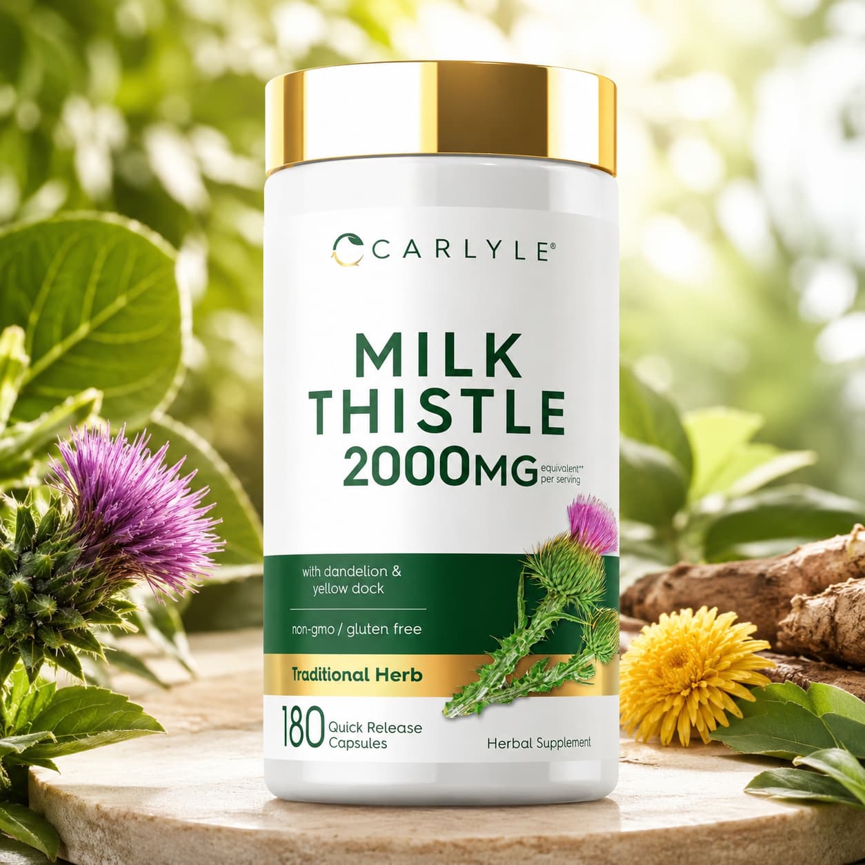 Milk Thistle 2000 mg Carlyle – Cardo Mariano con Diente de León y Yellow Dock, 180 cápsulas. CR Suplementos Costa Rica