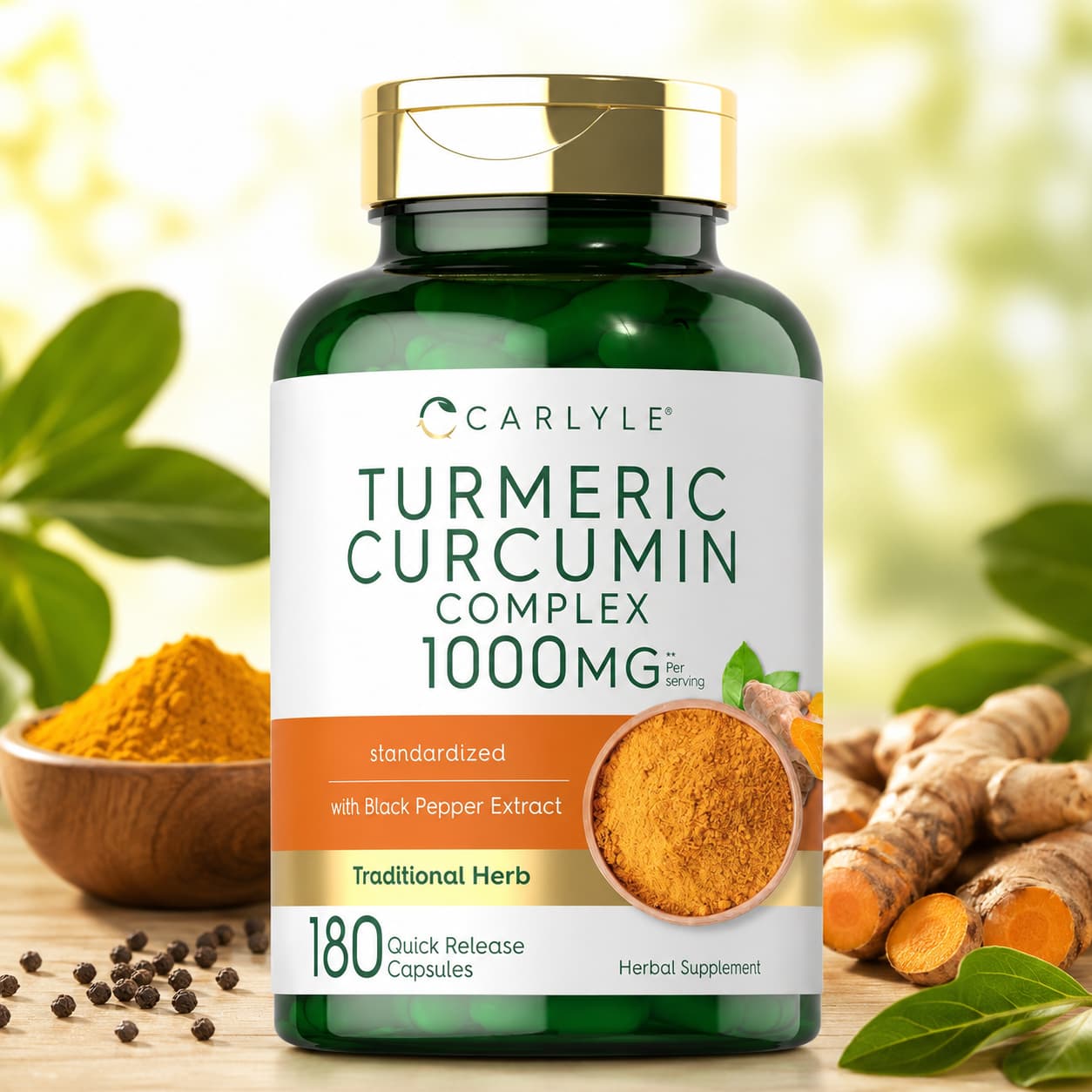 Turmeric Curcumin Complex 1000 mg Carlyle con Pimienta Negra – 180 cápsulas CR Suplementos Costa Rica