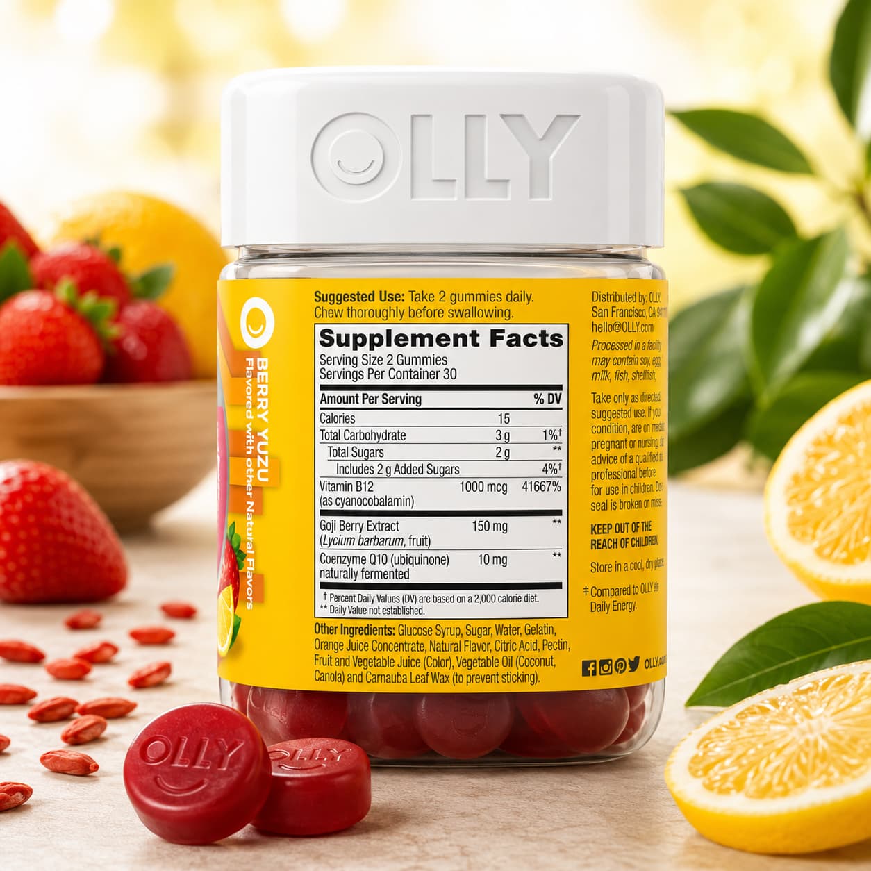 OLLY Extra Strength Daily Energy – Vitamina B12, Goji Berry y CoQ10 – 60 gomitas. CR Suplementos Costa Rica. ingredientes