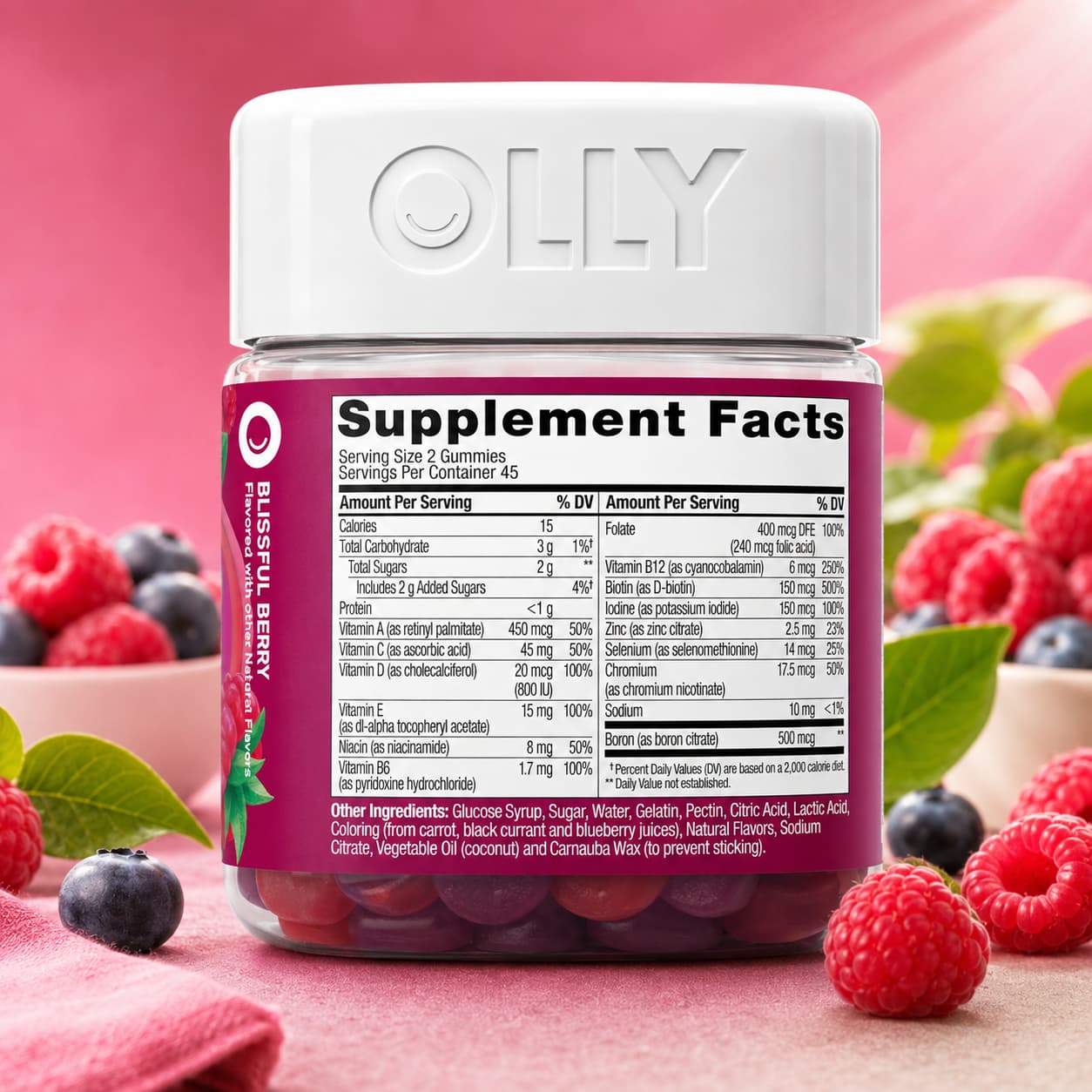 OLLY Women’s Multi – Multivitamínico para Mujer con Biotina y Ácido Fólico, 90 Gomitas. CR Suplementos Costa Rica. Ingredientes