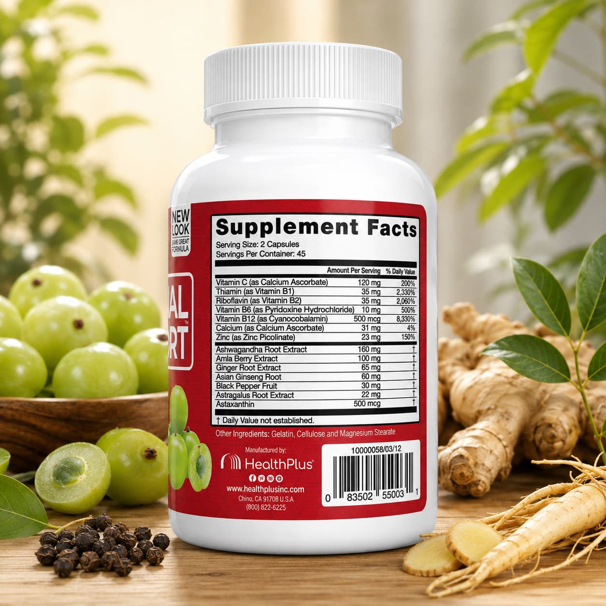 Adrenal Support Health Plus – Apoyo para Estrés y Fatiga (90 cápsulas) CR Suplementos Costa Rica ingredientes
