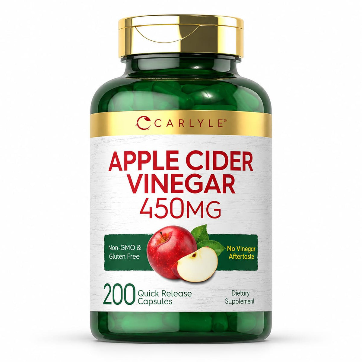 Carlyle Apple Cider Vinegar 450 mg, vinagre de manzana en polvo, presentación de 200 cápsulas de liberación rápida, sin gluten y Non-GMO. CR Suplementos Costa Rica