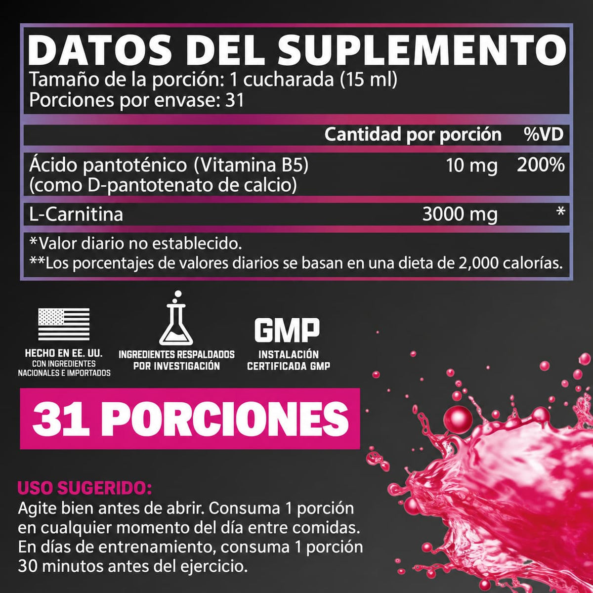 L-Carnitina 3000 Líquida Nutrex Research – Metabolismo de Grasas | Berry Blast 465 ml. CR Suplementos Costa Rica, tabla