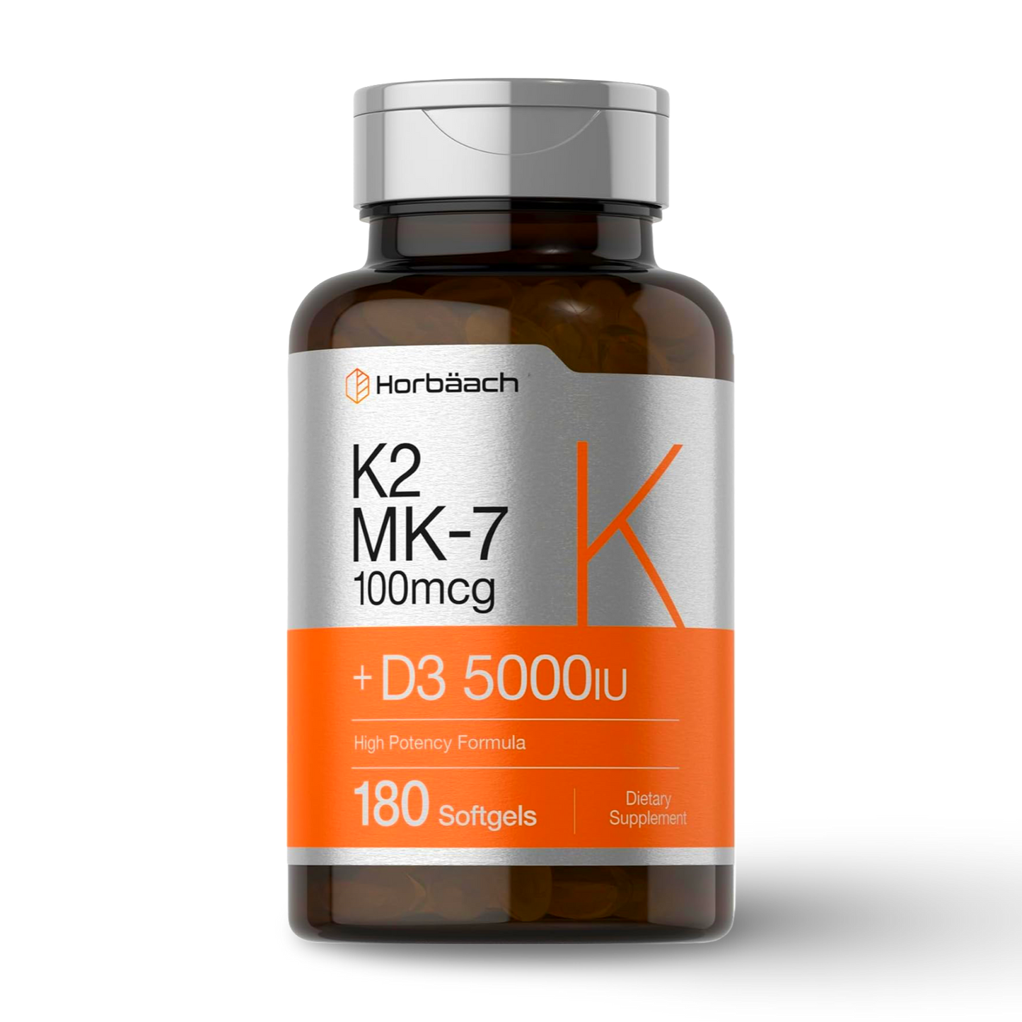 Frasco de Horbäach K2 MK-7 + D3 5000 IU 180 softgels, suplemento de alta potencia