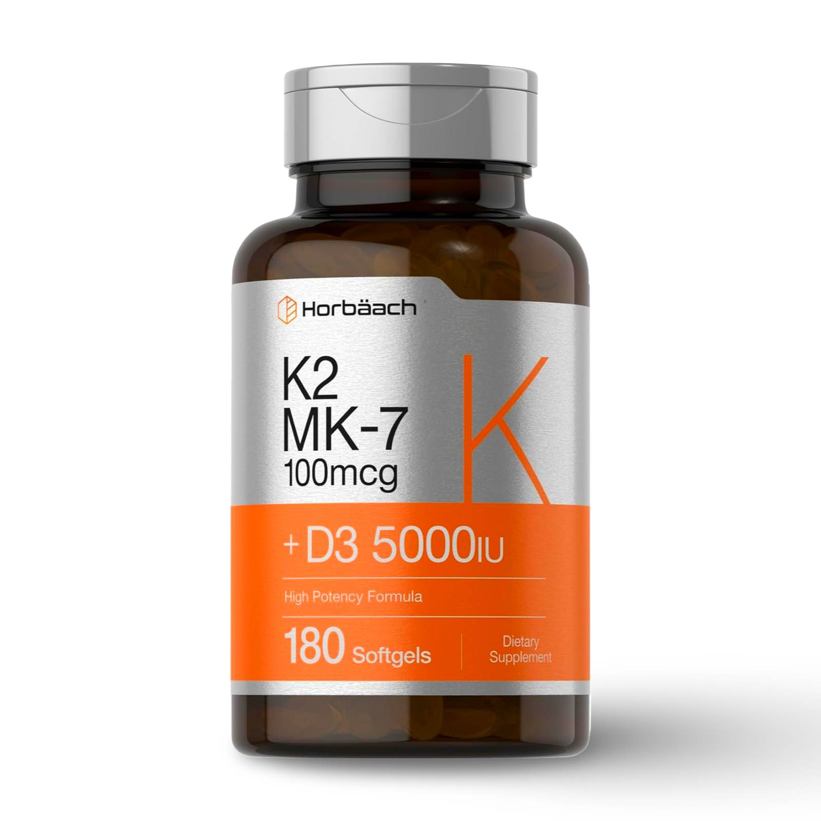 Frasco de Horbäach K2 MK-7 + D3 5000 IU 180 softgels, suplemento de alta potencia