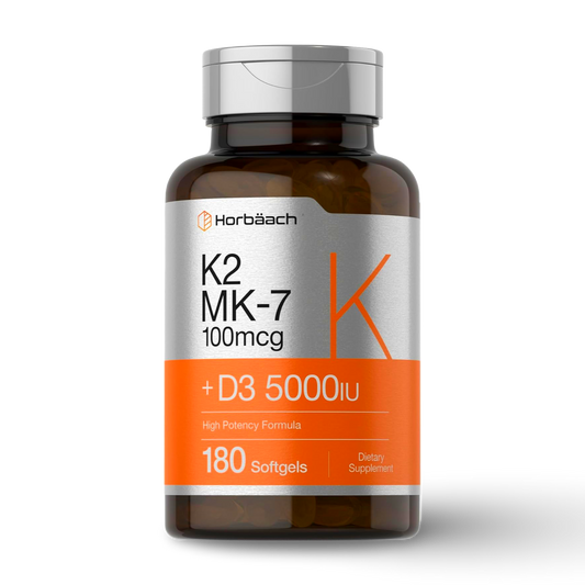 Frasco de Horbäach K2 MK-7 + D3 5000 IU 180 softgels, suplemento de alta potencia
