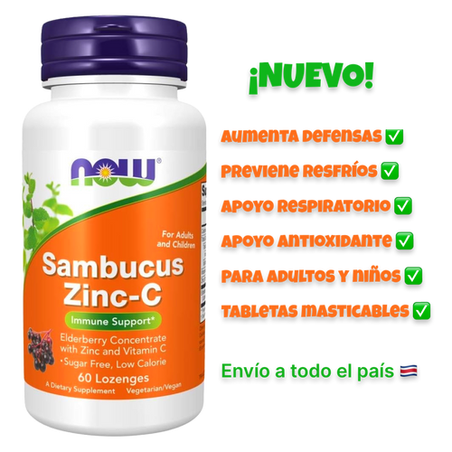 NOW Foods Sambucus Zinc-C 60 tabletas masticables. Previene resfríos y gripes