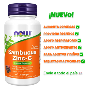 NOW Foods Sambucus Zinc-C 60 tabletas masticables. Previene resfríos y gripes