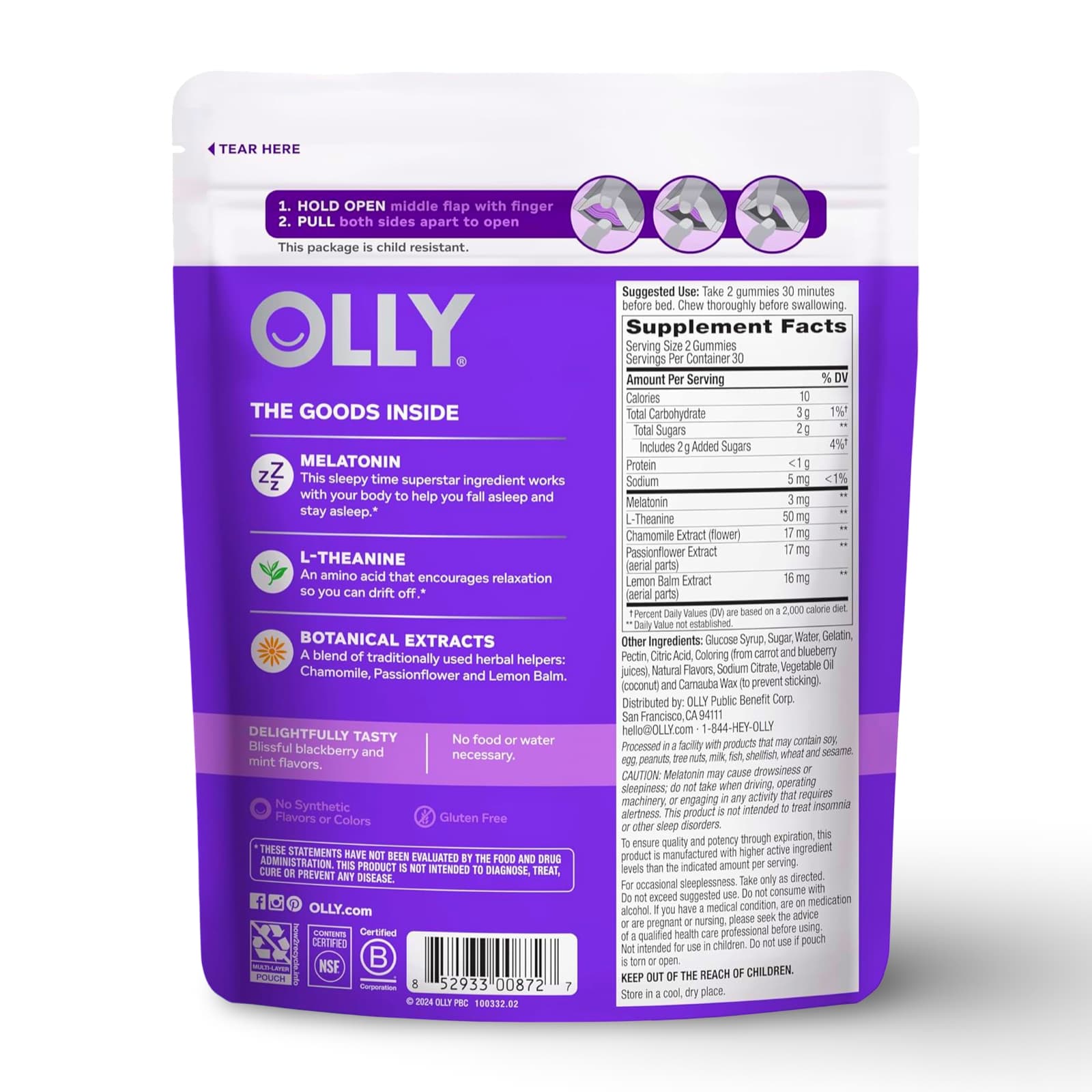 OLLY® Sleep Gummies – Melatonin + L-Theanine + Botanicals label