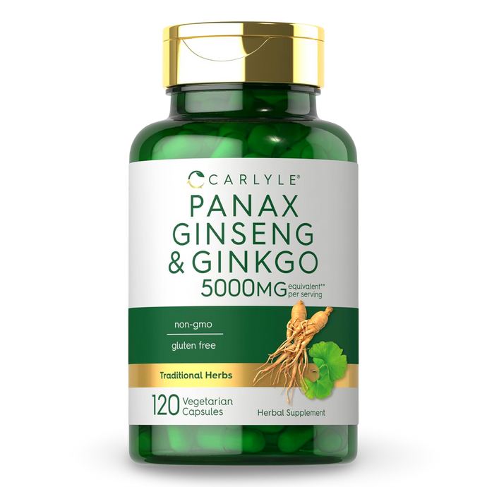 Panax Ginseng & Ginkgo Biloba 5000 mg – Carlyle (120 Cápsulas Vegetarianas). CR Suplementos Costa Rica.