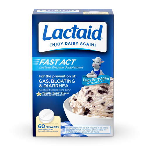 Lactaid Original Masticable para el Alivio de la Intolerancia a la Lactosa con Enzima Lactasa Natural, Ayuda a Prevenir los Gases, la Hinchazón y la Diarrea Debido a la Sensibilidad a la Lactosa, 