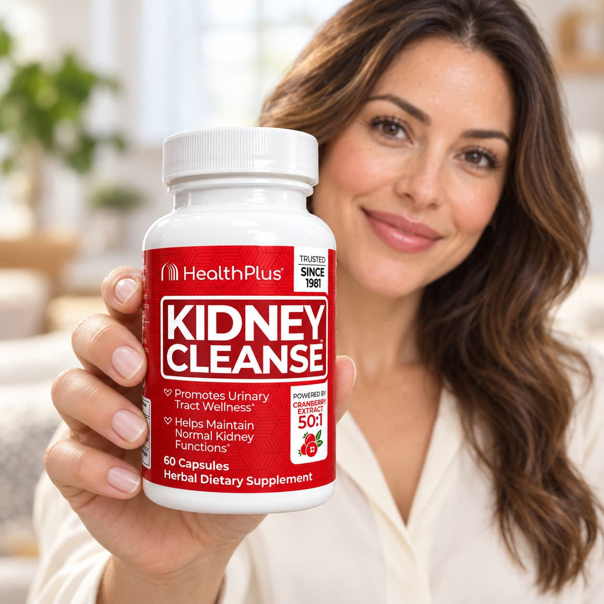 modelo Frasco de Health Plus Kidney Cleanse de 60 cápsulas con extracto de cranberry 50:1