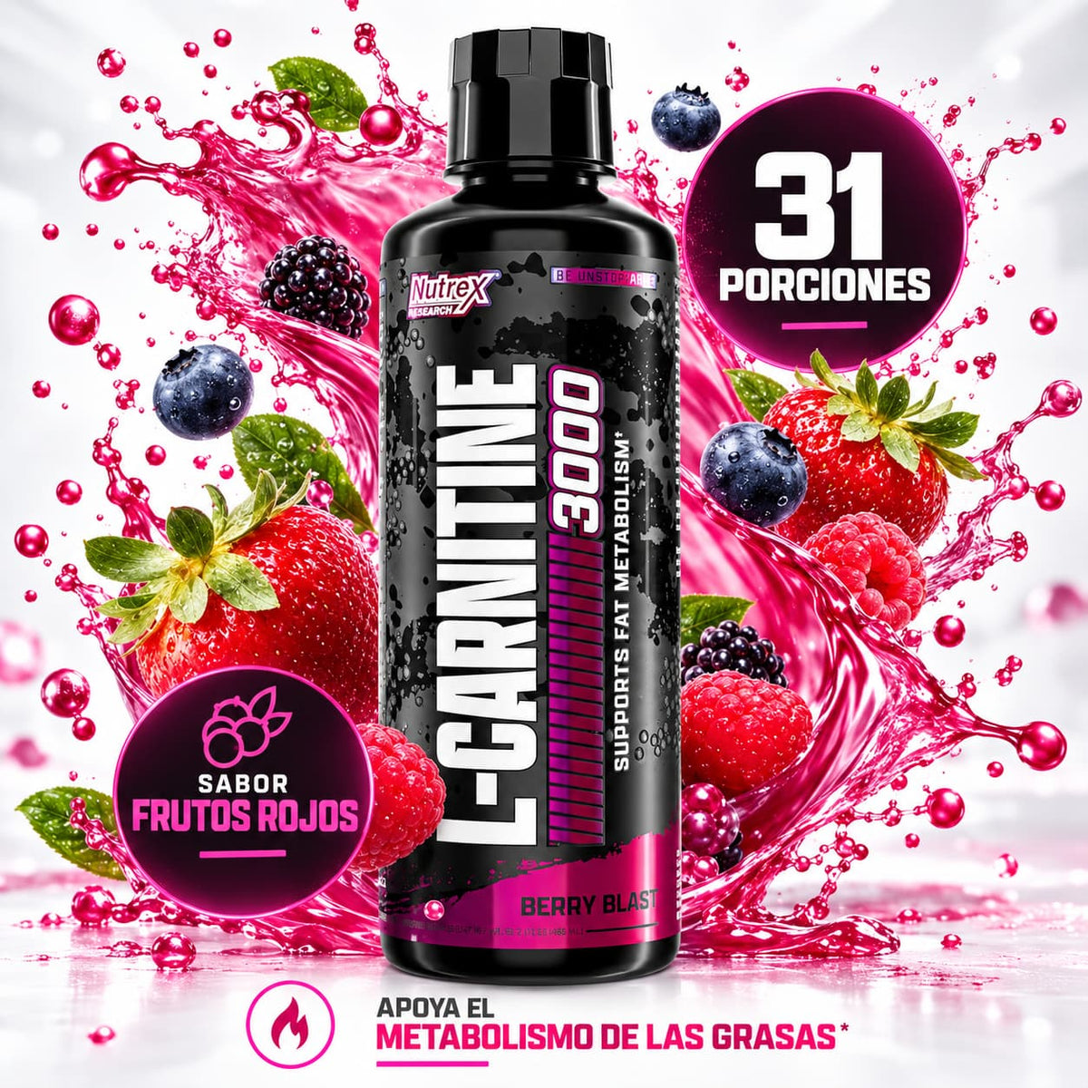 L-Carnitina 3000 Líquida Nutrex Research – Metabolismo de Grasas | Berry Blast 465 ml. CR Suplementos Costa Rica, frente