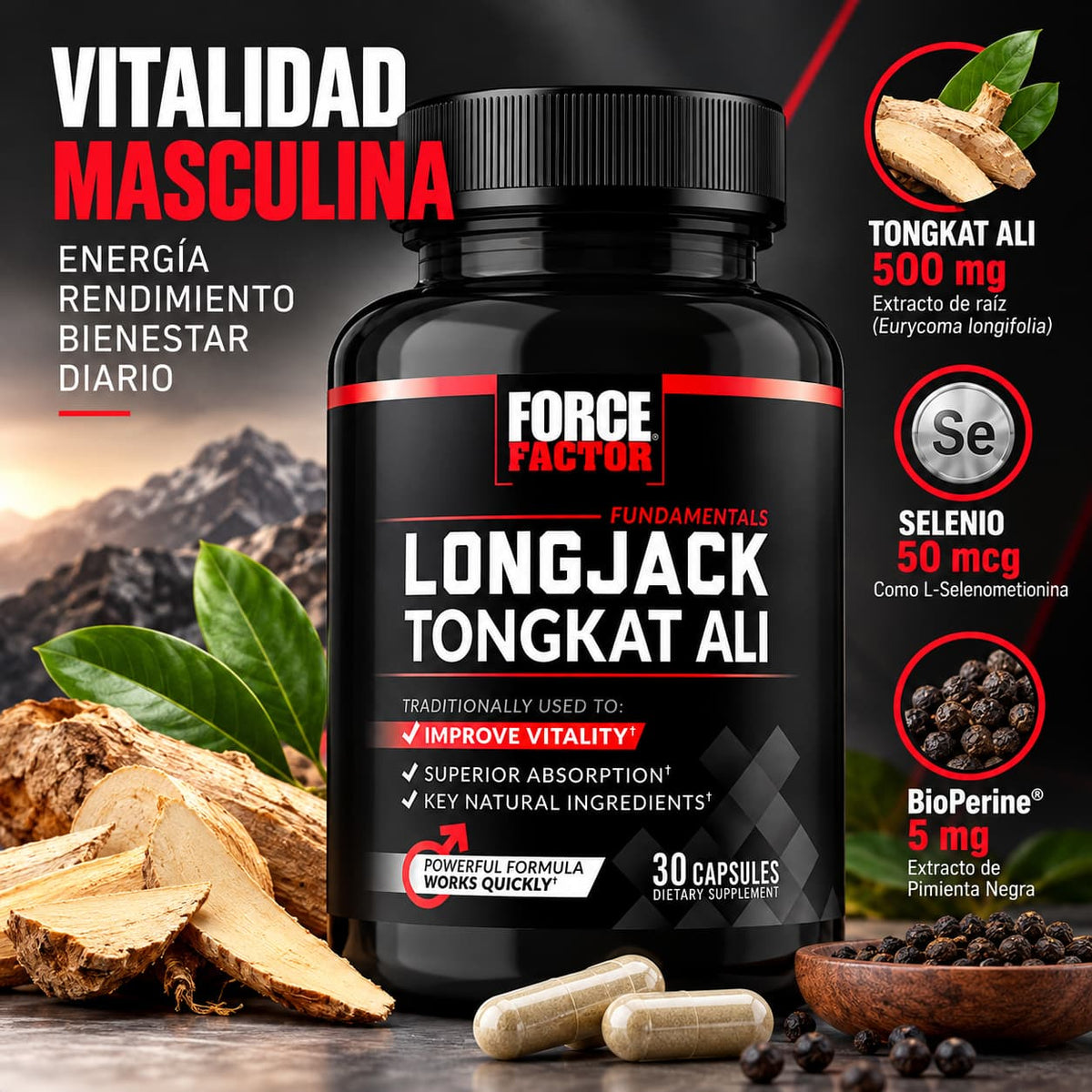 Force Factor Longjack Tongkat Ali 500 mg con selenio y BioPerine, presentación de 30 cápsulas. CR Suplementos Costa Rica.