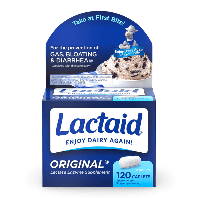 Lactaid Original para el Alivio de la Intolerancia a la Lactosa con Enzima Lactasa Natural, Ayuda a Prevenir los Gases, la Hinchazón y la Diarrea Debido a la Sensibilidad a la Lactosa, 120 caplets - CR Suplementos Costa Rica