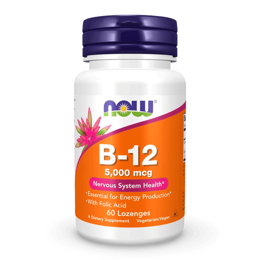 NOW Foods Vitamina B - 12 (cianocobalamina) 5,000 mcg, con ácido fólico. 60 tabletas masticables. Envío todo Costa Rica - CR Suplementos Costa Rica