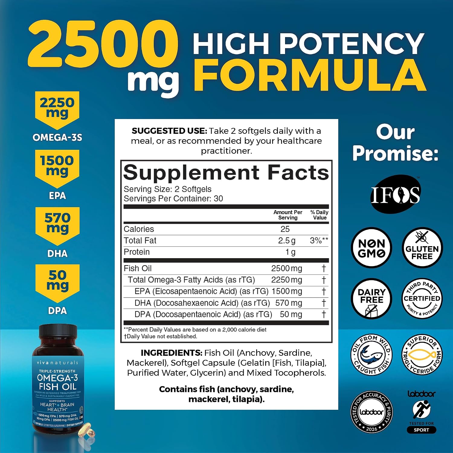 Viva Naturals Triple-Strength Omega-3 Fish Oil 60 Softgels. Facts