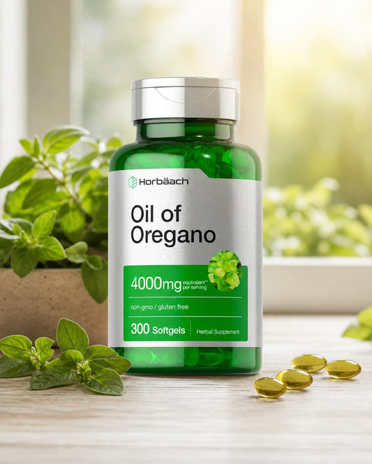 Aceite de Orégano Horbäach | 4000 mg por porción | 300 cápsulas blandas | Fórmula premium sin OGM y libre de gluten

